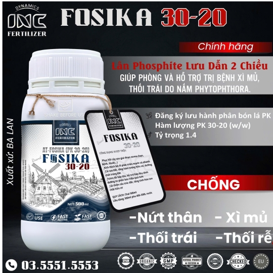 FOSIKA PK 30-20 PLUS phân bón lá giúp chống Nứt Thân, Xì Mủ, Thối Trái, Nấm Hồng, Sương mai, Thán thư, Rong tảo, Rỉ sắt. Chai 500ml