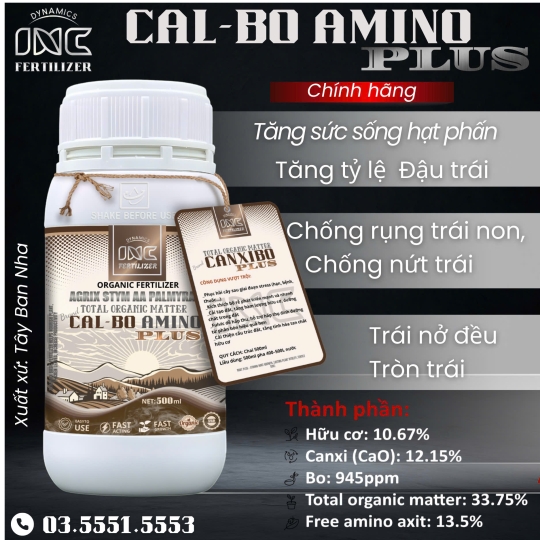 CAXIBO PLUS phân bón lá giúp Tăng sức sống hạt phấn, Tăng tỷ lệ đậu trái, Chống rụng bông trái non, Nứt trái, Trái nở đều, Tròn trái. Chai 500ml