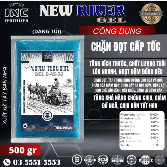 Phân Bón Lá NEW RIVER GEL 0-45-50 – Chặn Đọt Cấp Tốc, Phân Hóa Mầm Hoa, Lớn Trái Nhanh – Túi 500gr
